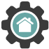 Gear icon with a house silhouette in the center, representing home maintenance or property management.