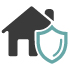 Home icon featuring a house silhouette with a shield, representing protection and security for homes.