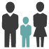A simple graphic illustration featuring two adults and one child, representing a family or group dynamic. Family-oriented design.